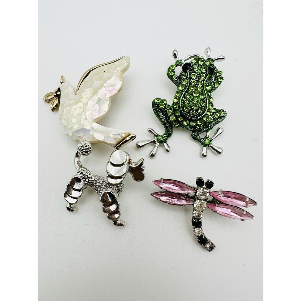 Vintage Bird Dog Dragonfly Frog Brooch Lot Rhinestone Mother Of Pearl
